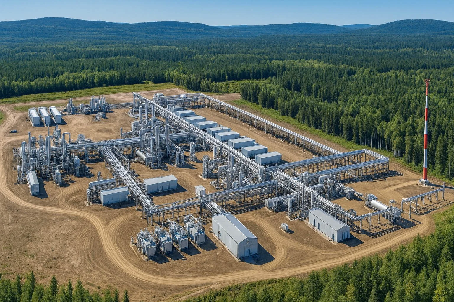 Illustrative industrial facility surrounded by forest